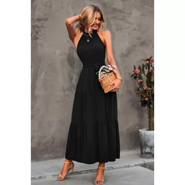 imagePRETTYGARDEN Womens Summer Floral Maxi Sun Dress Sleeveless Halter Neck Flowy Ruffle Hem Long Boho Dresses with BeltSolid Black