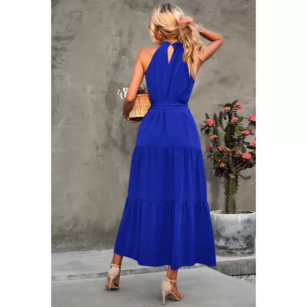 imagePRETTYGARDEN Womens Summer Floral Maxi Sun Dress Sleeveless Halter Neck Flowy Ruffle Hem Long Boho Dresses with BeltSolid Blue