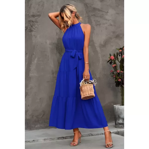 imagePRETTYGARDEN Womens Summer Floral Maxi Sun Dress Sleeveless Halter Neck Flowy Ruffle Hem Long Boho Dresses with BeltSolid Blue
