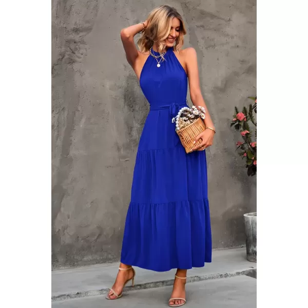 imagePRETTYGARDEN Womens Summer Floral Maxi Sun Dress Sleeveless Halter Neck Flowy Ruffle Hem Long Boho Dresses with BeltSolid Blue