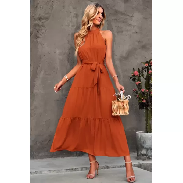 imagePRETTYGARDEN Womens Summer Floral Maxi Sun Dress Sleeveless Halter Neck Flowy Ruffle Hem Long Boho Dresses with BeltSolid Brown