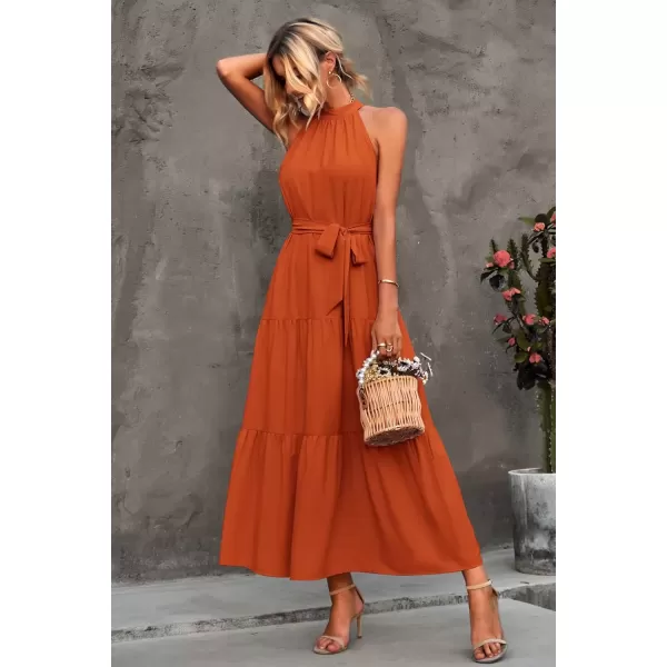 imagePRETTYGARDEN Womens Summer Floral Maxi Sun Dress Sleeveless Halter Neck Flowy Ruffle Hem Long Boho Dresses with BeltSolid Brown