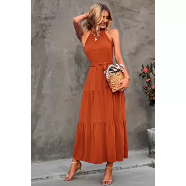 imagePRETTYGARDEN Womens Summer Floral Maxi Sun Dress Sleeveless Halter Neck Flowy Ruffle Hem Long Boho Dresses with BeltSolid Brown