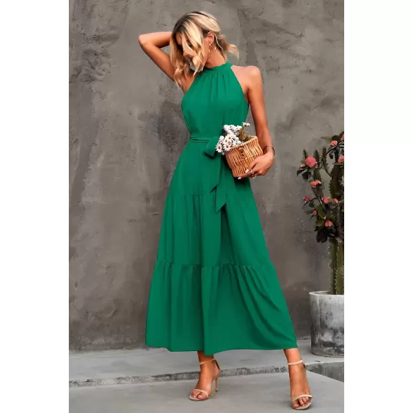 imagePRETTYGARDEN Womens Summer Floral Maxi Sun Dress Sleeveless Halter Neck Flowy Ruffle Hem Long Boho Dresses with BeltSolid Green