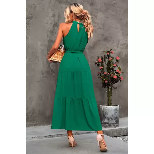 imagePRETTYGARDEN Womens Summer Floral Maxi Sun Dress Sleeveless Halter Neck Flowy Ruffle Hem Long Boho Dresses with BeltSolid Green