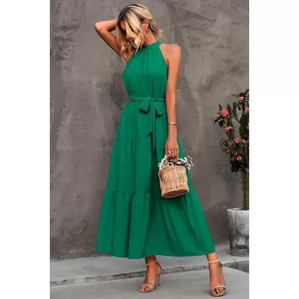 imagePRETTYGARDEN Womens Summer Floral Maxi Sun Dress Sleeveless Halter Neck Flowy Ruffle Hem Long Boho Dresses with BeltSolid Green