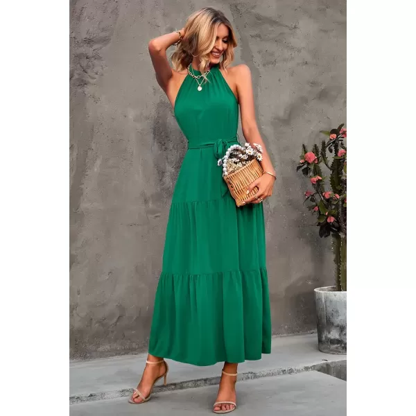 imagePRETTYGARDEN Womens Summer Floral Maxi Sun Dress Sleeveless Halter Neck Flowy Ruffle Hem Long Boho Dresses with BeltSolid Green