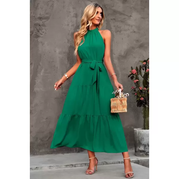 imagePRETTYGARDEN Womens Summer Floral Maxi Sun Dress Sleeveless Halter Neck Flowy Ruffle Hem Long Boho Dresses with BeltSolid Green
