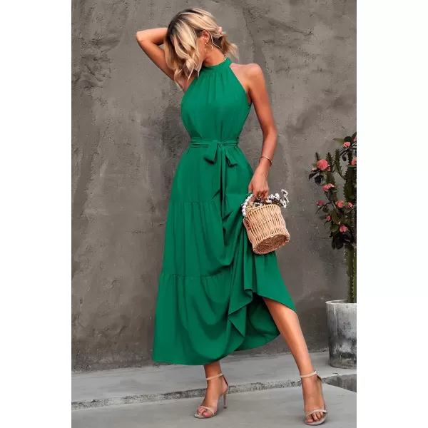 imagePRETTYGARDEN Womens Summer Floral Maxi Sun Dress Sleeveless Halter Neck Flowy Ruffle Hem Long Boho Dresses with BeltSolid Green