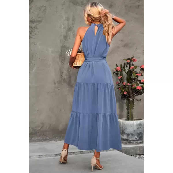 imagePRETTYGARDEN Womens Summer Floral Maxi Sun Dress Sleeveless Halter Neck Flowy Ruffle Hem Long Boho Dresses with BeltSolid Grey Blue