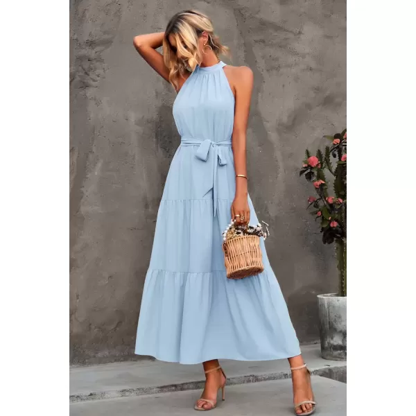 imagePRETTYGARDEN Womens Summer Floral Maxi Sun Dress Sleeveless Halter Neck Flowy Ruffle Hem Long Boho Dresses with BeltSolid Light Blue