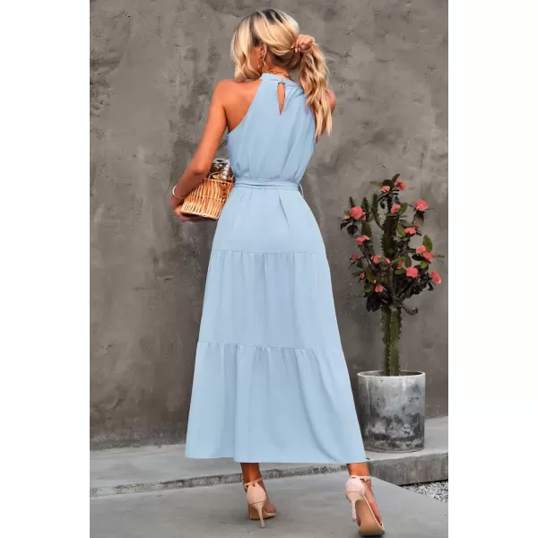 imagePRETTYGARDEN Womens Summer Floral Maxi Sun Dress Sleeveless Halter Neck Flowy Ruffle Hem Long Boho Dresses with BeltSolid Light Blue