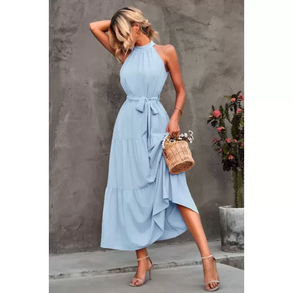 imagePRETTYGARDEN Womens Summer Floral Maxi Sun Dress Sleeveless Halter Neck Flowy Ruffle Hem Long Boho Dresses with BeltSolid Light Blue