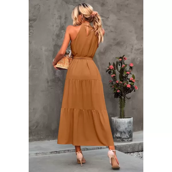 imagePRETTYGARDEN Womens Summer Floral Maxi Sun Dress Sleeveless Halter Neck Flowy Ruffle Hem Long Boho Dresses with BeltSolid Light Brown