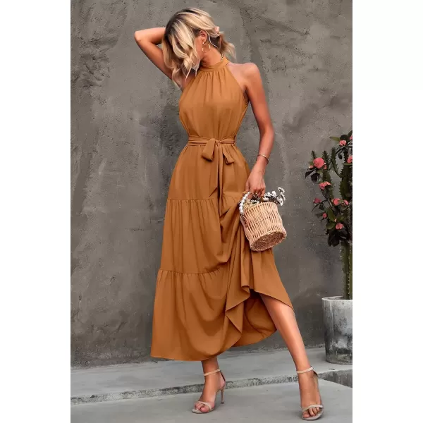 imagePRETTYGARDEN Womens Summer Floral Maxi Sun Dress Sleeveless Halter Neck Flowy Ruffle Hem Long Boho Dresses with BeltSolid Light Brown