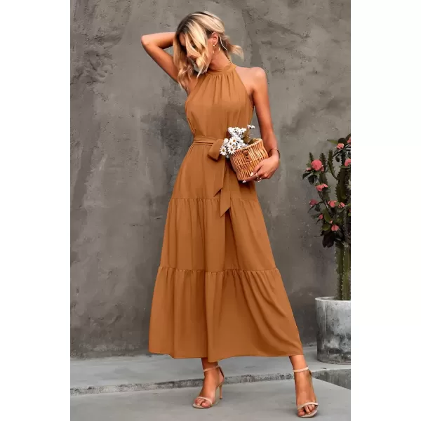 imagePRETTYGARDEN Womens Summer Floral Maxi Sun Dress Sleeveless Halter Neck Flowy Ruffle Hem Long Boho Dresses with BeltSolid Light Brown