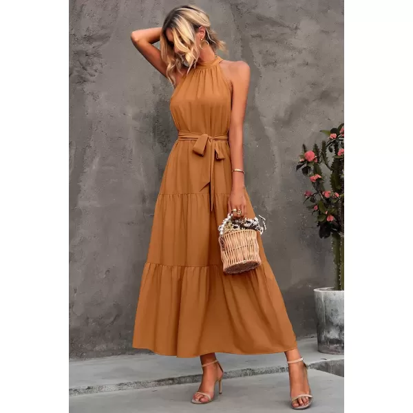 imagePRETTYGARDEN Womens Summer Floral Maxi Sun Dress Sleeveless Halter Neck Flowy Ruffle Hem Long Boho Dresses with BeltSolid Light Brown