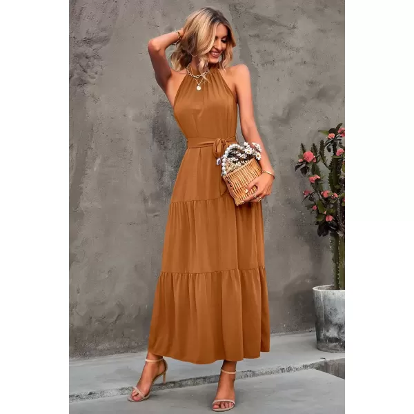 imagePRETTYGARDEN Womens Summer Floral Maxi Sun Dress Sleeveless Halter Neck Flowy Ruffle Hem Long Boho Dresses with BeltSolid Light Brown
