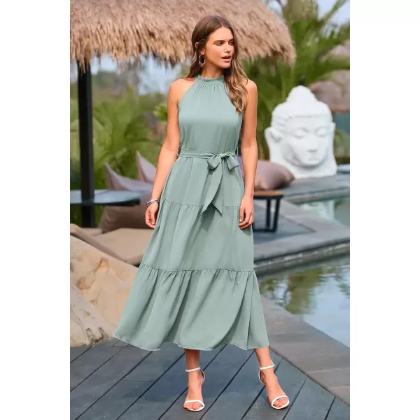 imagePRETTYGARDEN Womens Summer Floral Maxi Sun Dress Sleeveless Halter Neck Flowy Ruffle Hem Long Boho Dresses with BeltSolid Light Green