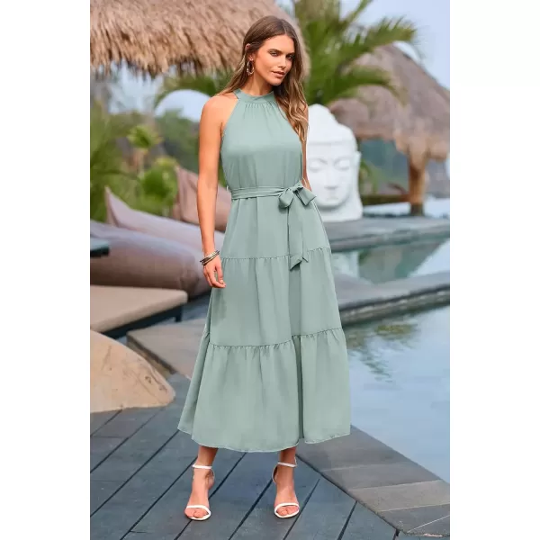 imagePRETTYGARDEN Womens Summer Floral Maxi Sun Dress Sleeveless Halter Neck Flowy Ruffle Hem Long Boho Dresses with BeltSolid Light Green