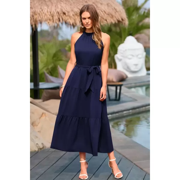 imagePRETTYGARDEN Womens Summer Floral Maxi Sun Dress Sleeveless Halter Neck Flowy Ruffle Hem Long Boho Dresses with BeltSolid Navy