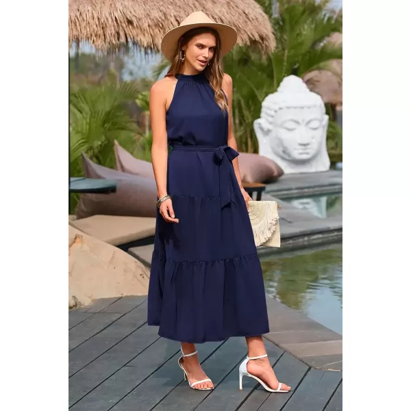 imagePRETTYGARDEN Womens Summer Floral Maxi Sun Dress Sleeveless Halter Neck Flowy Ruffle Hem Long Boho Dresses with BeltSolid Navy