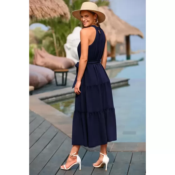 imagePRETTYGARDEN Womens Summer Floral Maxi Sun Dress Sleeveless Halter Neck Flowy Ruffle Hem Long Boho Dresses with BeltSolid Navy