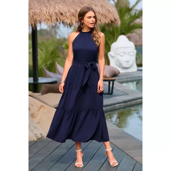 imagePRETTYGARDEN Womens Summer Floral Maxi Sun Dress Sleeveless Halter Neck Flowy Ruffle Hem Long Boho Dresses with BeltSolid Navy