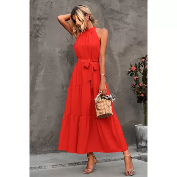 imagePRETTYGARDEN Womens Summer Floral Maxi Sun Dress Sleeveless Halter Neck Flowy Ruffle Hem Long Boho Dresses with BeltSolid Orange
