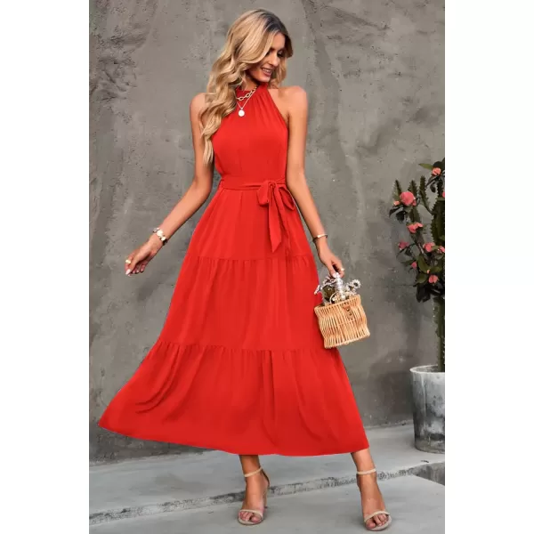 imagePRETTYGARDEN Womens Summer Floral Maxi Sun Dress Sleeveless Halter Neck Flowy Ruffle Hem Long Boho Dresses with BeltSolid Orange