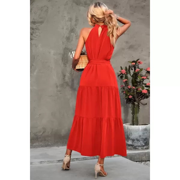 imagePRETTYGARDEN Womens Summer Floral Maxi Sun Dress Sleeveless Halter Neck Flowy Ruffle Hem Long Boho Dresses with BeltSolid Orange
