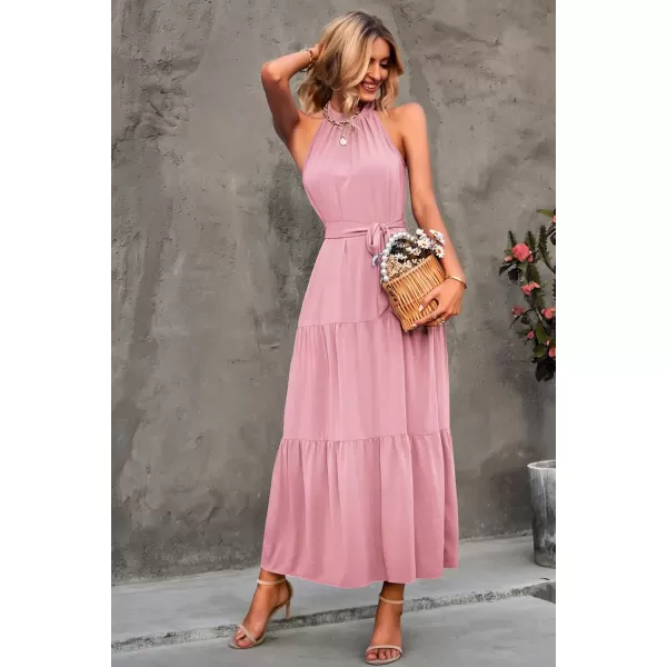 imagePRETTYGARDEN Womens Summer Floral Maxi Sun Dress Sleeveless Halter Neck Flowy Ruffle Hem Long Boho Dresses with BeltSolid Pink