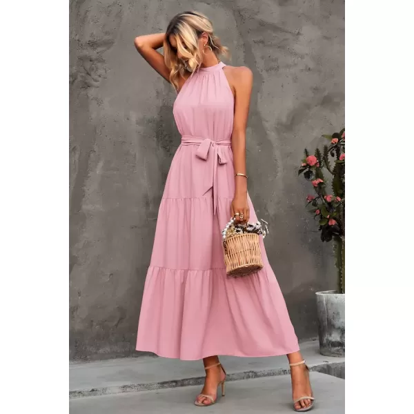 imagePRETTYGARDEN Womens Summer Floral Maxi Sun Dress Sleeveless Halter Neck Flowy Ruffle Hem Long Boho Dresses with BeltSolid Pink