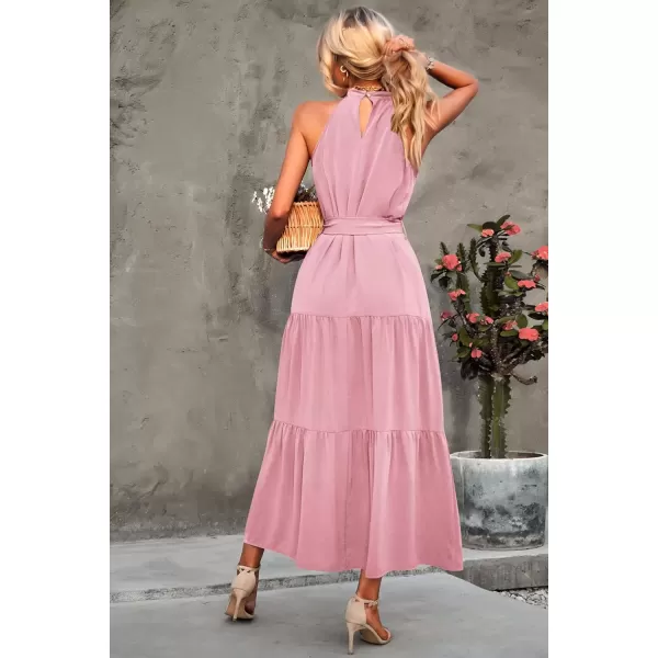 imagePRETTYGARDEN Womens Summer Floral Maxi Sun Dress Sleeveless Halter Neck Flowy Ruffle Hem Long Boho Dresses with BeltSolid Pink