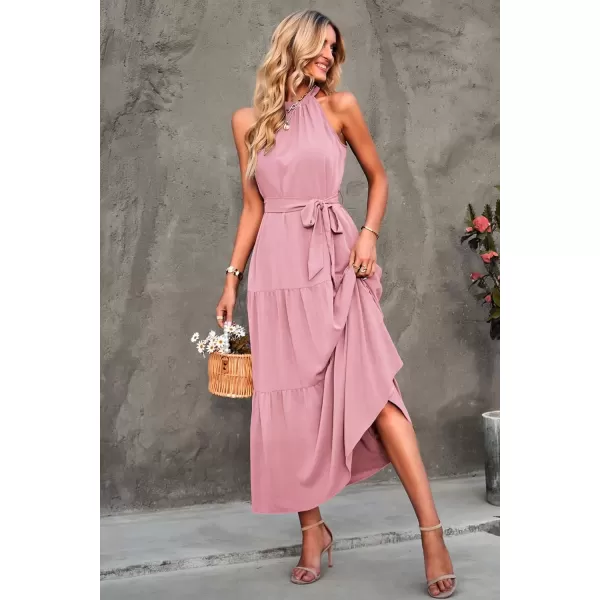 imagePRETTYGARDEN Womens Summer Floral Maxi Sun Dress Sleeveless Halter Neck Flowy Ruffle Hem Long Boho Dresses with BeltSolid Pink