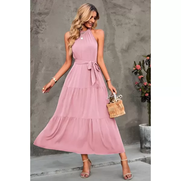imagePRETTYGARDEN Womens Summer Floral Maxi Sun Dress Sleeveless Halter Neck Flowy Ruffle Hem Long Boho Dresses with BeltSolid Pink