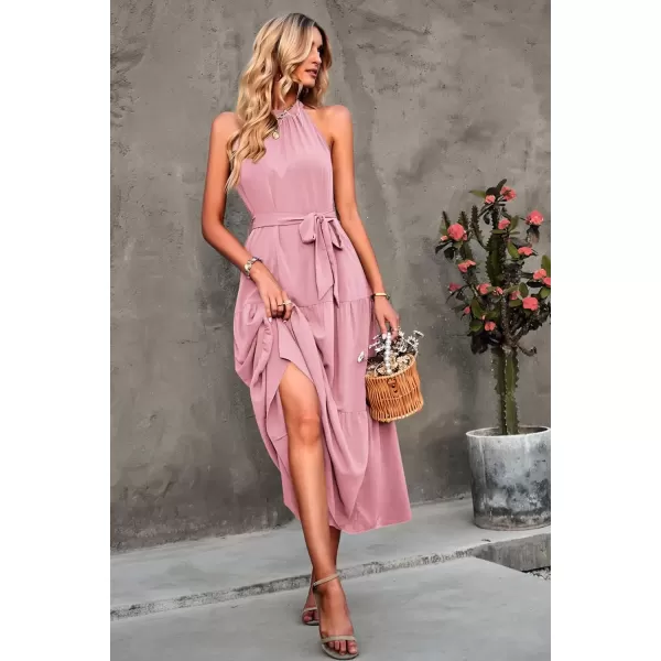 imagePRETTYGARDEN Womens Summer Floral Maxi Sun Dress Sleeveless Halter Neck Flowy Ruffle Hem Long Boho Dresses with BeltSolid Pink