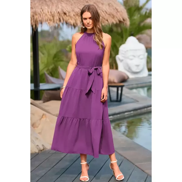 imagePRETTYGARDEN Womens Summer Floral Maxi Sun Dress Sleeveless Halter Neck Flowy Ruffle Hem Long Boho Dresses with BeltSolid Purple