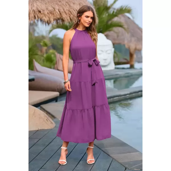 imagePRETTYGARDEN Womens Summer Floral Maxi Sun Dress Sleeveless Halter Neck Flowy Ruffle Hem Long Boho Dresses with BeltSolid Purple