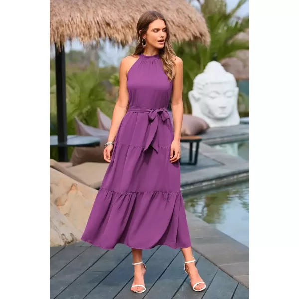 imagePRETTYGARDEN Womens Summer Floral Maxi Sun Dress Sleeveless Halter Neck Flowy Ruffle Hem Long Boho Dresses with BeltSolid Purple