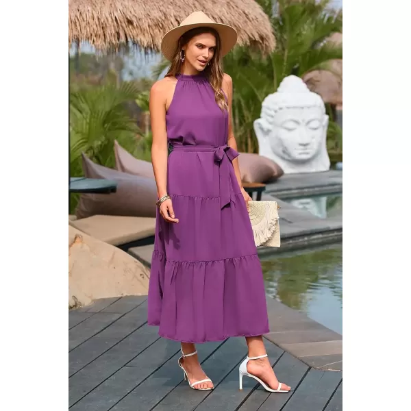 imagePRETTYGARDEN Womens Summer Floral Maxi Sun Dress Sleeveless Halter Neck Flowy Ruffle Hem Long Boho Dresses with BeltSolid Purple