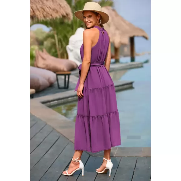 imagePRETTYGARDEN Womens Summer Floral Maxi Sun Dress Sleeveless Halter Neck Flowy Ruffle Hem Long Boho Dresses with BeltSolid Purple