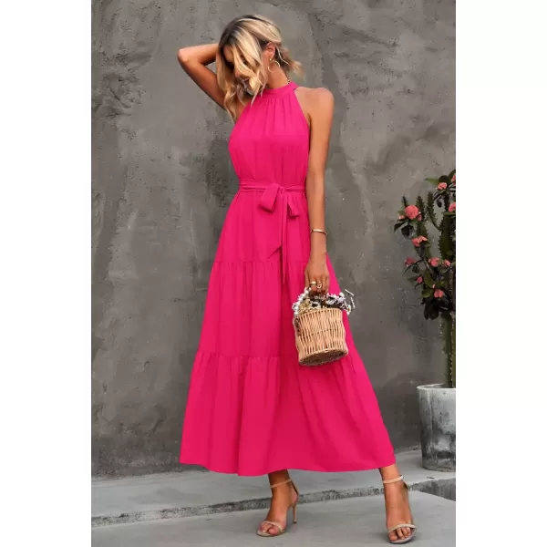 imagePRETTYGARDEN Womens Summer Floral Maxi Sun Dress Sleeveless Halter Neck Flowy Ruffle Hem Long Boho Dresses with BeltSolid Rose Red
