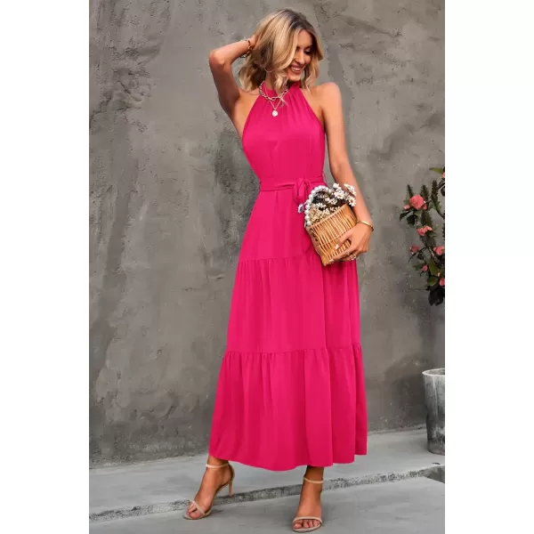 imagePRETTYGARDEN Womens Summer Floral Maxi Sun Dress Sleeveless Halter Neck Flowy Ruffle Hem Long Boho Dresses with BeltSolid Rose Red