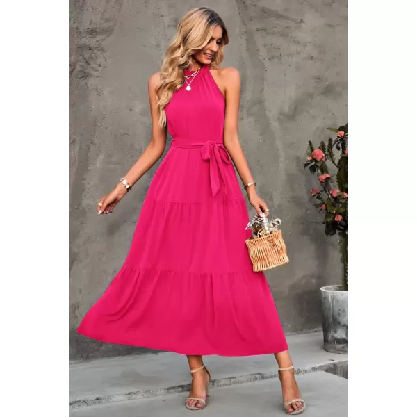 imagePRETTYGARDEN Womens Summer Floral Maxi Sun Dress Sleeveless Halter Neck Flowy Ruffle Hem Long Boho Dresses with BeltSolid Rose Red