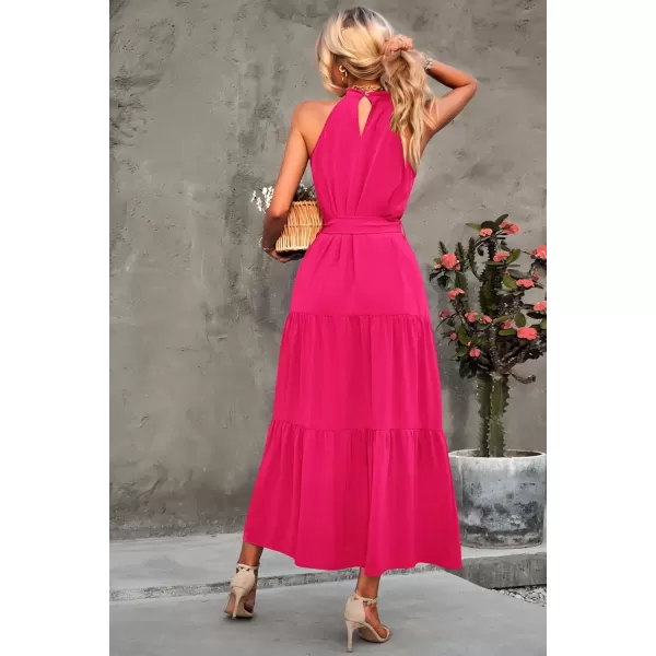 imagePRETTYGARDEN Womens Summer Floral Maxi Sun Dress Sleeveless Halter Neck Flowy Ruffle Hem Long Boho Dresses with BeltSolid Rose Red