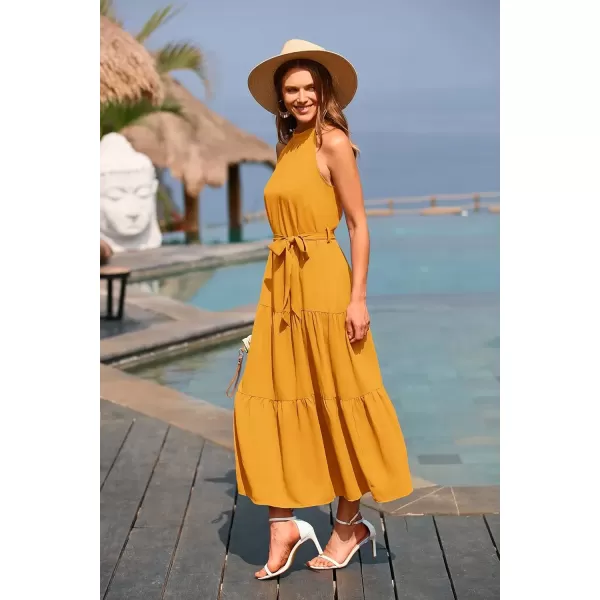 imagePRETTYGARDEN Womens Summer Floral Maxi Sun Dress Sleeveless Halter Neck Flowy Ruffle Hem Long Boho Dresses with BeltSolid Turmeric