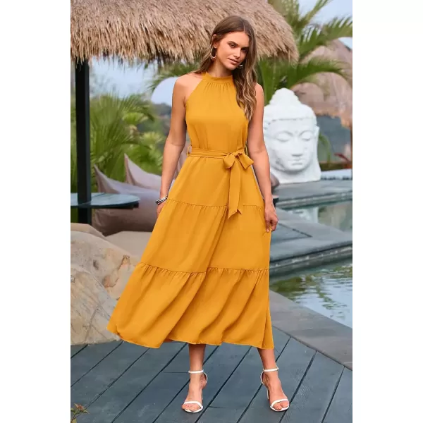 imagePRETTYGARDEN Womens Summer Floral Maxi Sun Dress Sleeveless Halter Neck Flowy Ruffle Hem Long Boho Dresses with BeltSolid Turmeric