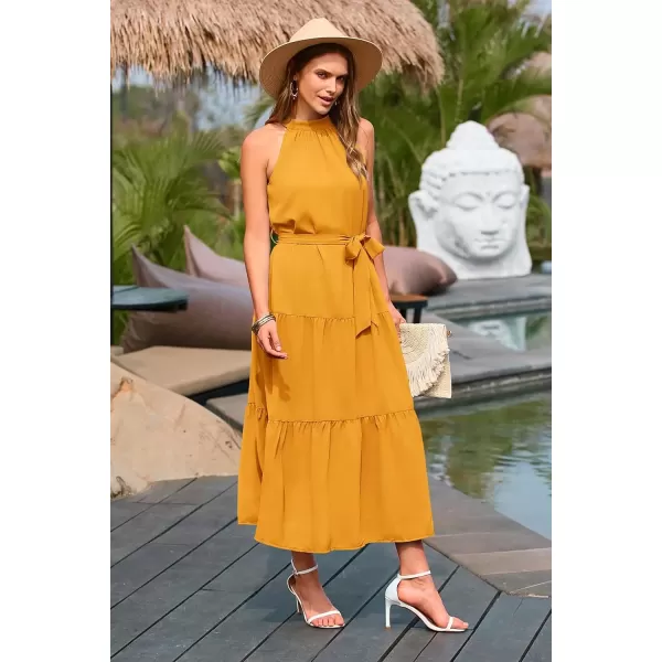 imagePRETTYGARDEN Womens Summer Floral Maxi Sun Dress Sleeveless Halter Neck Flowy Ruffle Hem Long Boho Dresses with BeltSolid Turmeric