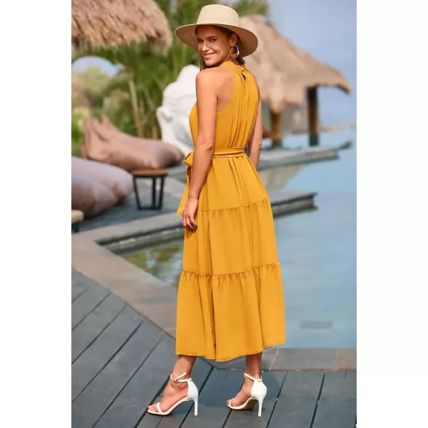 imagePRETTYGARDEN Womens Summer Floral Maxi Sun Dress Sleeveless Halter Neck Flowy Ruffle Hem Long Boho Dresses with BeltSolid Turmeric